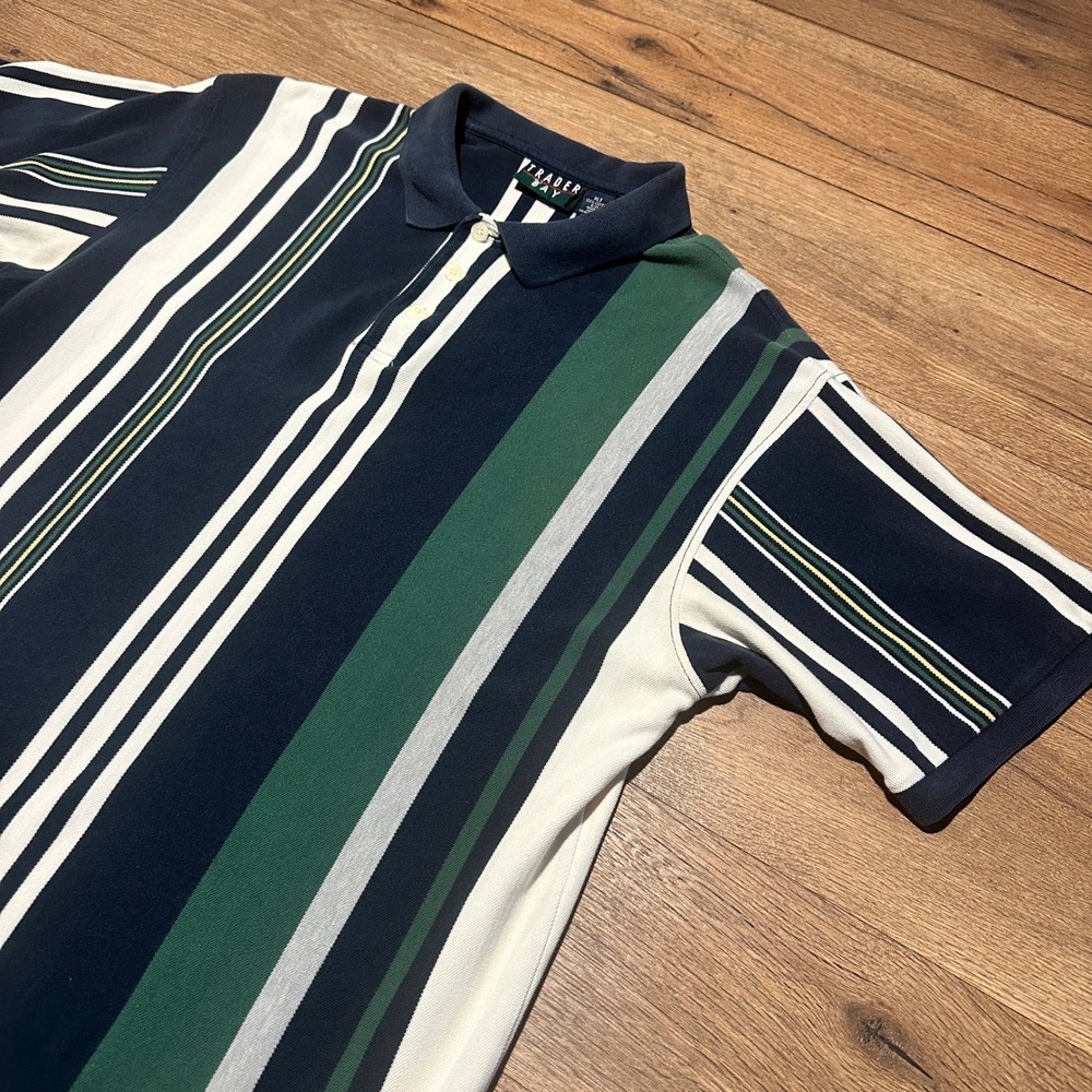 Vintage Trader Bay Navy Green Striped Polo Shirt Mens XLT
